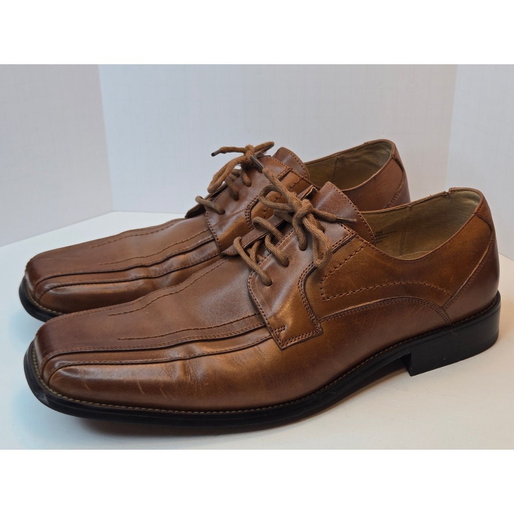 Stacy Adams‎ Mens 11 M Cognac Brown Leather Square Toe Bicycle Stitch Oxford